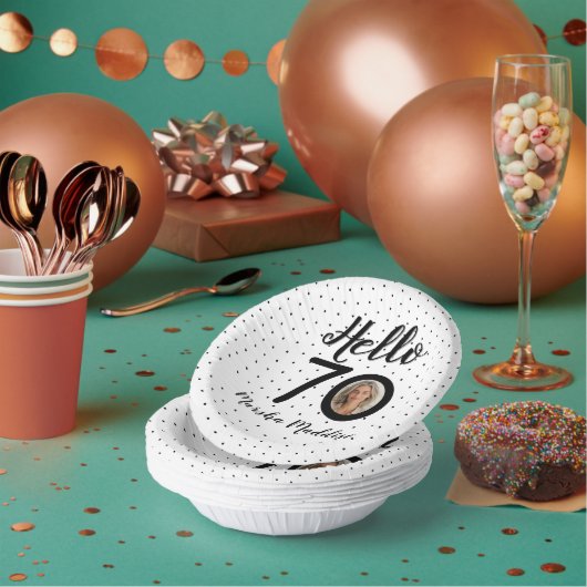 Hello 70白黒ドット写真&名前誕生日 ペーパーボウル (複数)