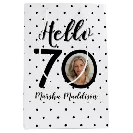 Hello 70白黒ドット写真&名前誕生日 ミディアムペーパーバッグ