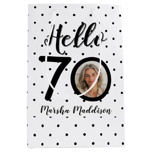 Hello 70白黒ドット写真&名前誕生日 ミディアムペーパーバッグ (正面)