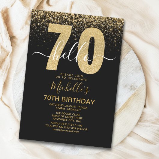 Hello 70! modern 70th birthday with gold glitter  招待状