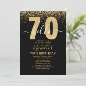 Hello 70! modern 70th birthday with gold glitter  招待状 (スタンド正面)
