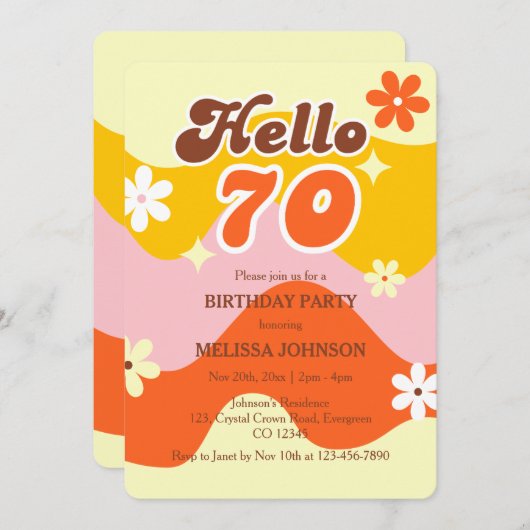 Hello 70 Retro Wave Groovy Flower Birthday  招待状 (正面/裏面)