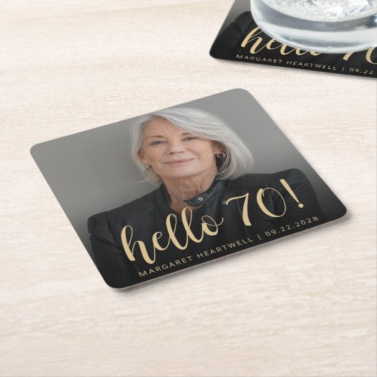 Hello 70 Seventethバースデーパーティーの写真 スクエアペーパーコースター (アングル)