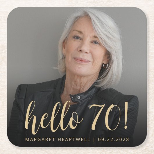 Hello 70 Seventethバースデーパーティーの写真 スクエアペーパーコースター (正面)