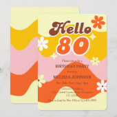 Hello 80 レトロウェーブ グルービーフラワー 誕生日 招待状 (正面/裏面)
