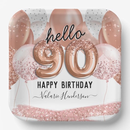 Hello 90ピンクグリッター誕生日バルーン紙プラット ペーパープレート (正面)