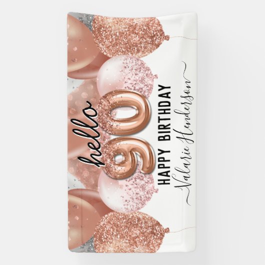 Hello 90ピンクグリッター誕生日バルーン記号 横断幕 (縦)