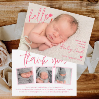 Hello and Thank You Pink Birth Announcement 案内状