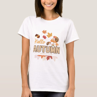Hello Autumn – かわいいハリネズミと秋のデザイン Tシャツ