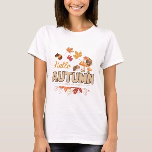 Hello Autumn – かわいいハリネズミと秋のデザイン Tシャツ (正面)