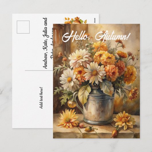 Hello, Autumn - Bucket with Flowers  シーズンポストカード (正面/裏面)