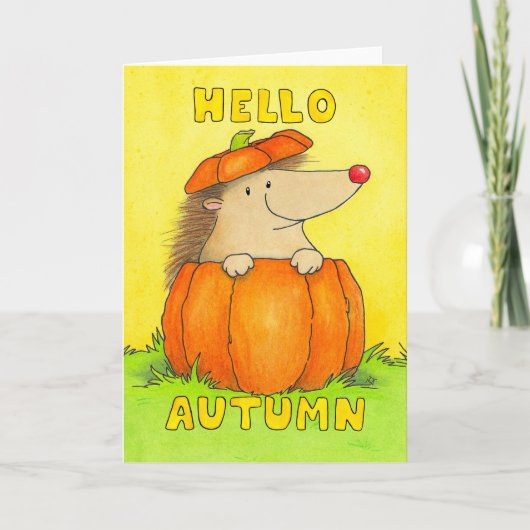 Hello Autumn Hedgehog in Pumpkin Greeting カード (正面)