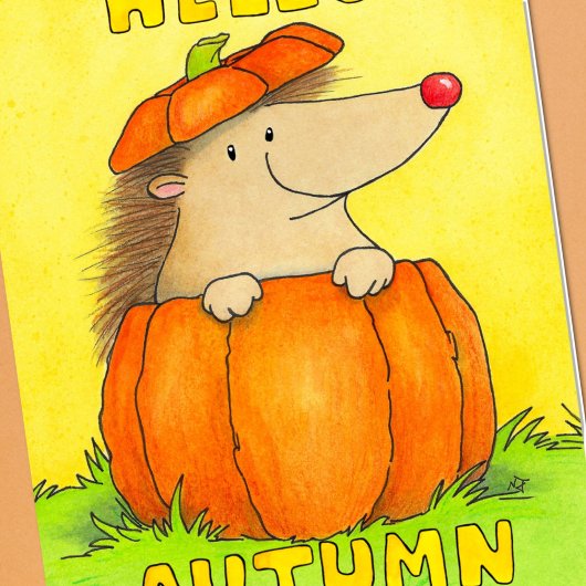 Hello Autumn Hedgehog in Pumpkin Greeting カード