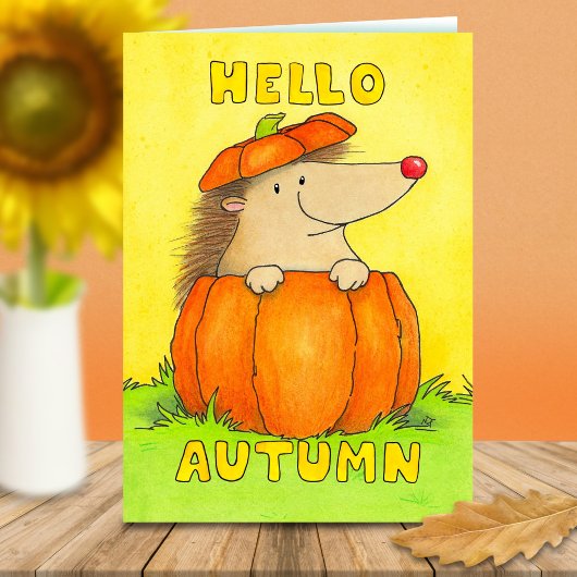 Hello Autumn Hedgehog in Pumpkin Greeting カード