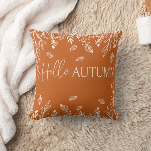Hello Autumn Modern Typography Throw Pillow クッション (ブランケット)