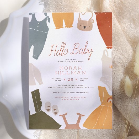Hello Baby | かわいいボヘミアン ベビー服 女の子 ベビーシャワー 招待状