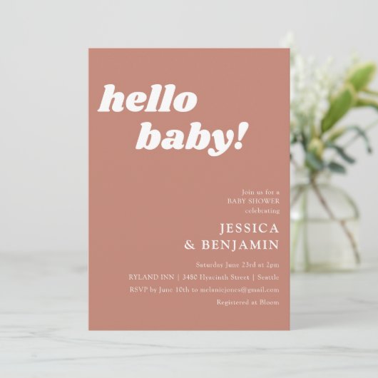 Hello Baby テラコッタ レトロ ベビーシャワー 招待状 (スタンド正面)