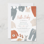 Hello Baby | ブルー・ボホベビー服 男の子ベビーシャワー 招待状 (正面)