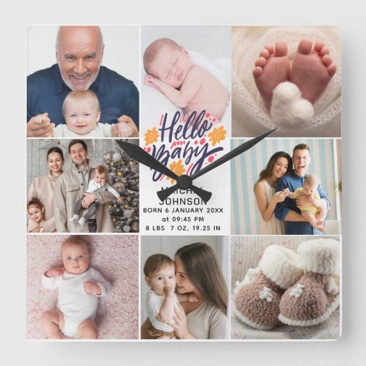 Hello Baby | 新生児の出生統計 8枚の写真 スクエア壁時計 (正面)