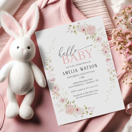 Hello Baby Blush Pink Floral Baby Shower 招待状