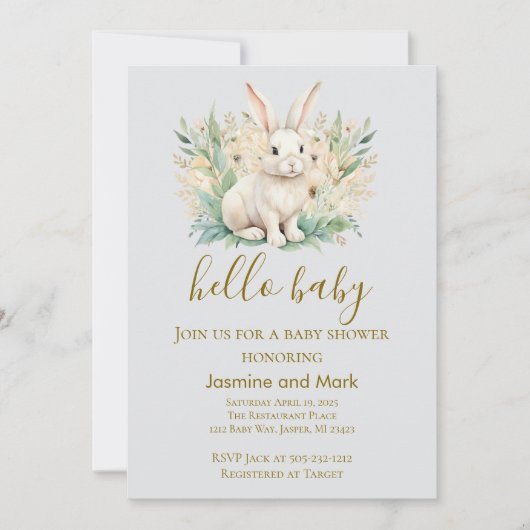 Hello Baby Boho Neutral Bunny  招待状 (正面)