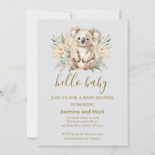 Hello Baby Boho Neutral Koala Bear 招待状 (正面)