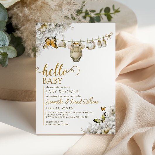 Hello Baby Botanical Clothes Neutral Baby Shower 招待状