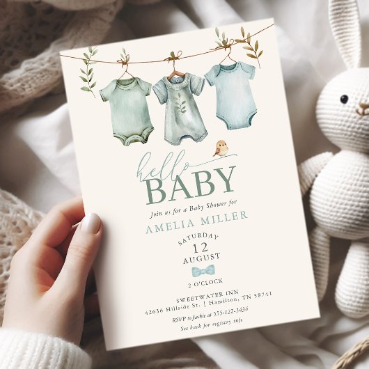 Hello Baby Boy Clothesline Boho Baby Shower 招待状