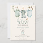Hello Baby Boy Clothesline Boho Baby Shower 招待状 (正面)