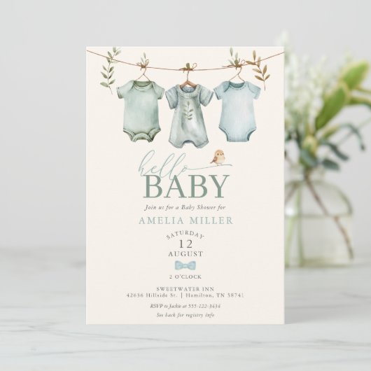 Hello Baby Boy Clothesline Boho Baby Shower 招待状 (スタンド正面)