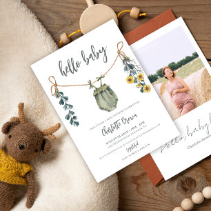 Hello Baby Clothes & Flowers Boho Boy Baby Shower 招待状