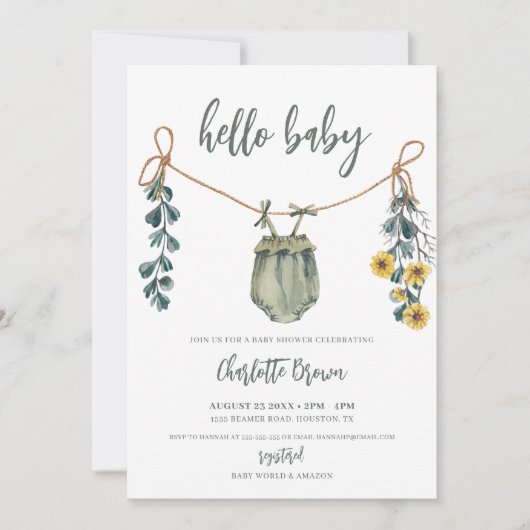 Hello Baby Clothes & Flowers Boho Boy Baby Shower 招待状 (正面)