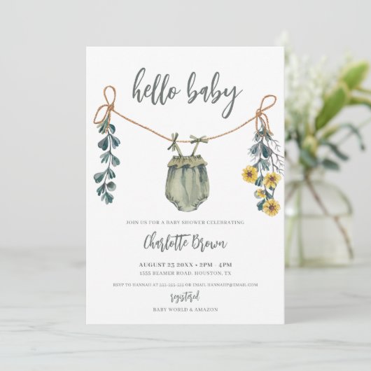 Hello Baby Clothes & Flowers Boho Boy Baby Shower 招待状 (スタンド正面)