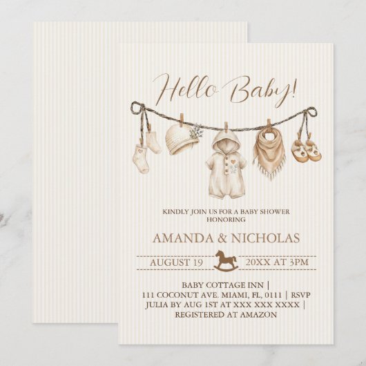 Hello Baby Clothesline Baby Shower Striped 招待状 (正面/裏面)