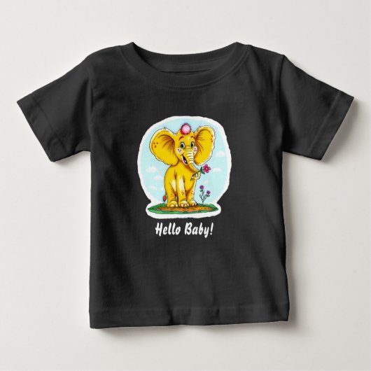 Hello Baby! – Cute Elephant Baby T-Shirt (Black) ベビーTシャツ (正面)