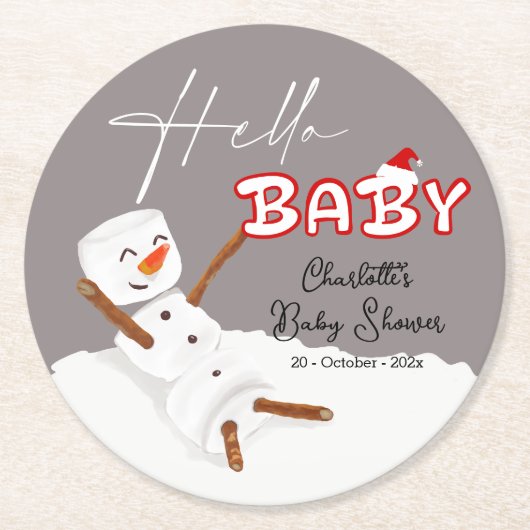Hello Baby Cute Snowman Baby Shower Paper Coaster ラウンドペーパーコースター (正面)