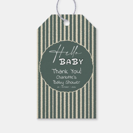 Hello Baby Dark Green Stripes Baby Shower ギフトタグ (正面)
