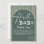 Hello Baby Dark Green Stripes Baby Shower サンキューカード (正面)