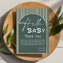 Hello Baby Dark Green Stripes Baby Shower サンキューカード