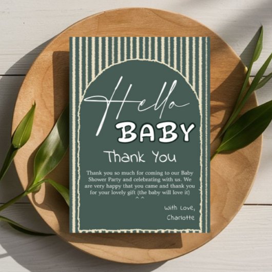 Hello Baby Dark Green Stripes Baby Shower サンキューカード