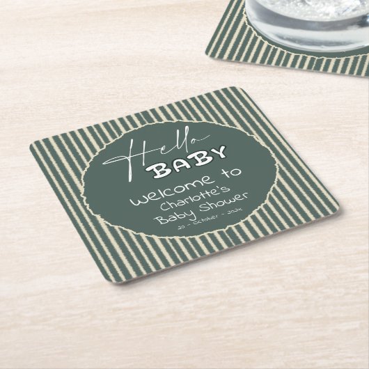 Hello Baby Dark Green Stripes Baby Shower スクエアペーパーコースター (アングル)