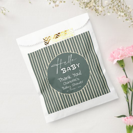 Hello Baby Dark Green Stripes Baby Shower フェイバーバッグ (封をした状態)