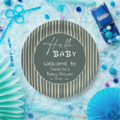 Hello Baby Dark Green Stripes Baby Shower ペーパープレート (パーティー)