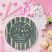 Hello Baby Dark Green Stripes Baby Shower ペーパープレート (パーティー)