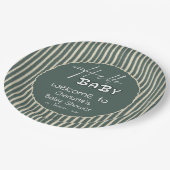 Hello Baby Dark Green Stripes Baby Shower ペーパープレート (アングル)