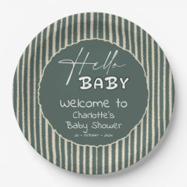 Hello Baby Dark Green Stripes Baby Shower ペーパープレート