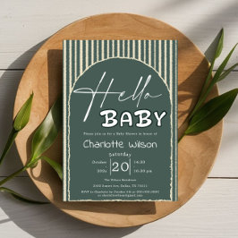 Hello Baby Dark Green Stripes Baby Shower 招待状