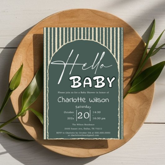 Hello Baby Dark Green Stripes Baby Shower 招待状