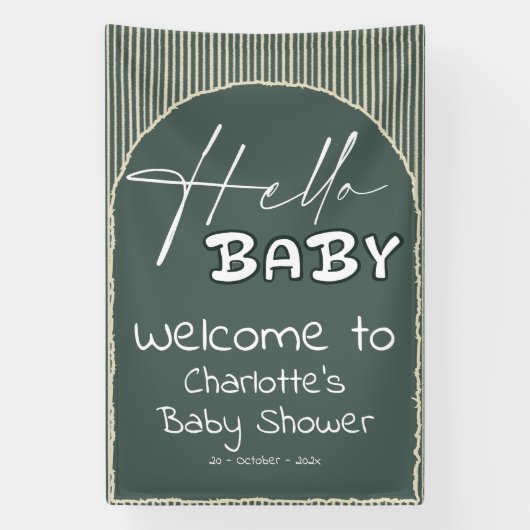 Hello Baby Dark Green Stripes Baby Shower 横断幕 (縦)