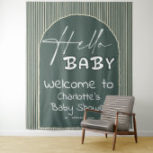 Hello Baby Dark Green Stripes Baby Shower Backdrop タペストリー (インサイチュ)